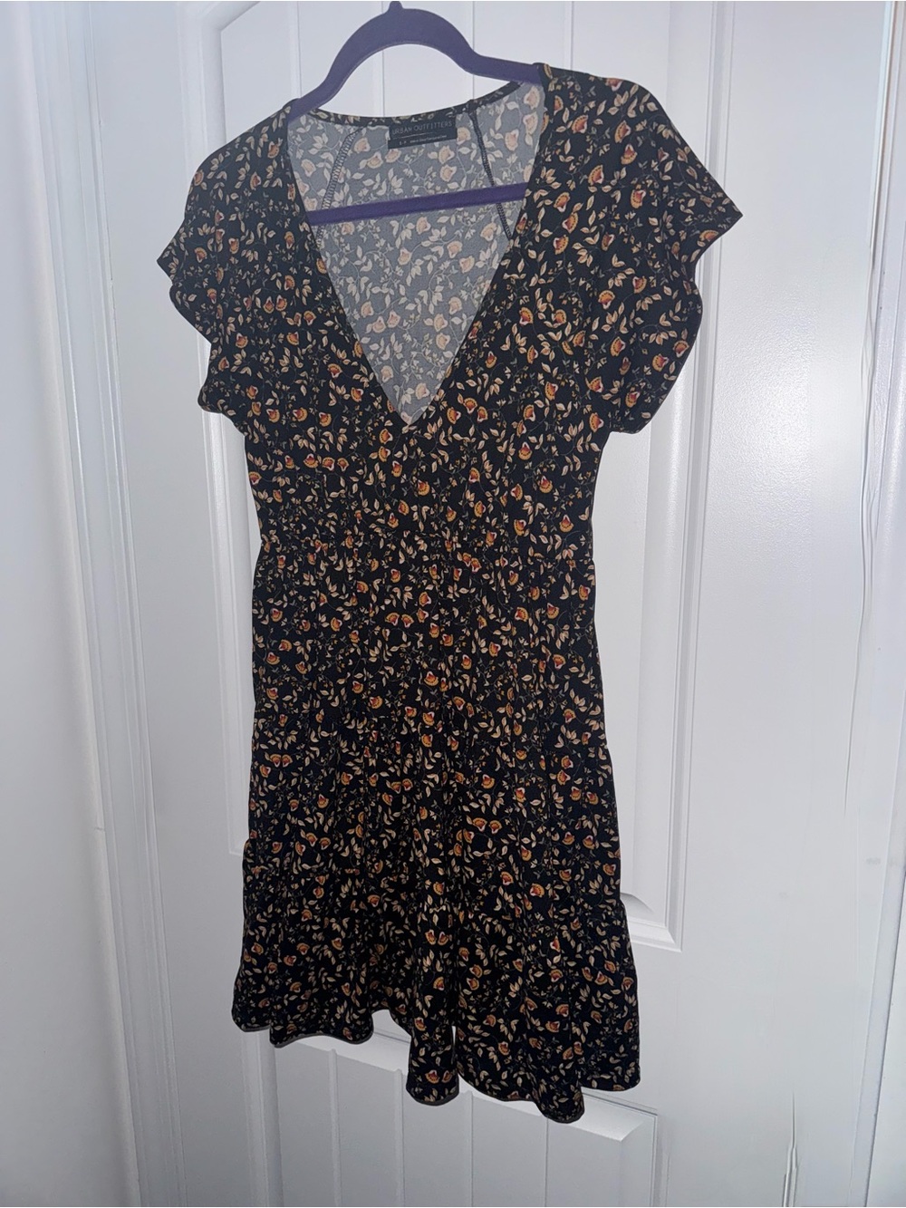 Urban Outfitters Black Floral Flutter Sleeve Tiered Mini Dress Size S